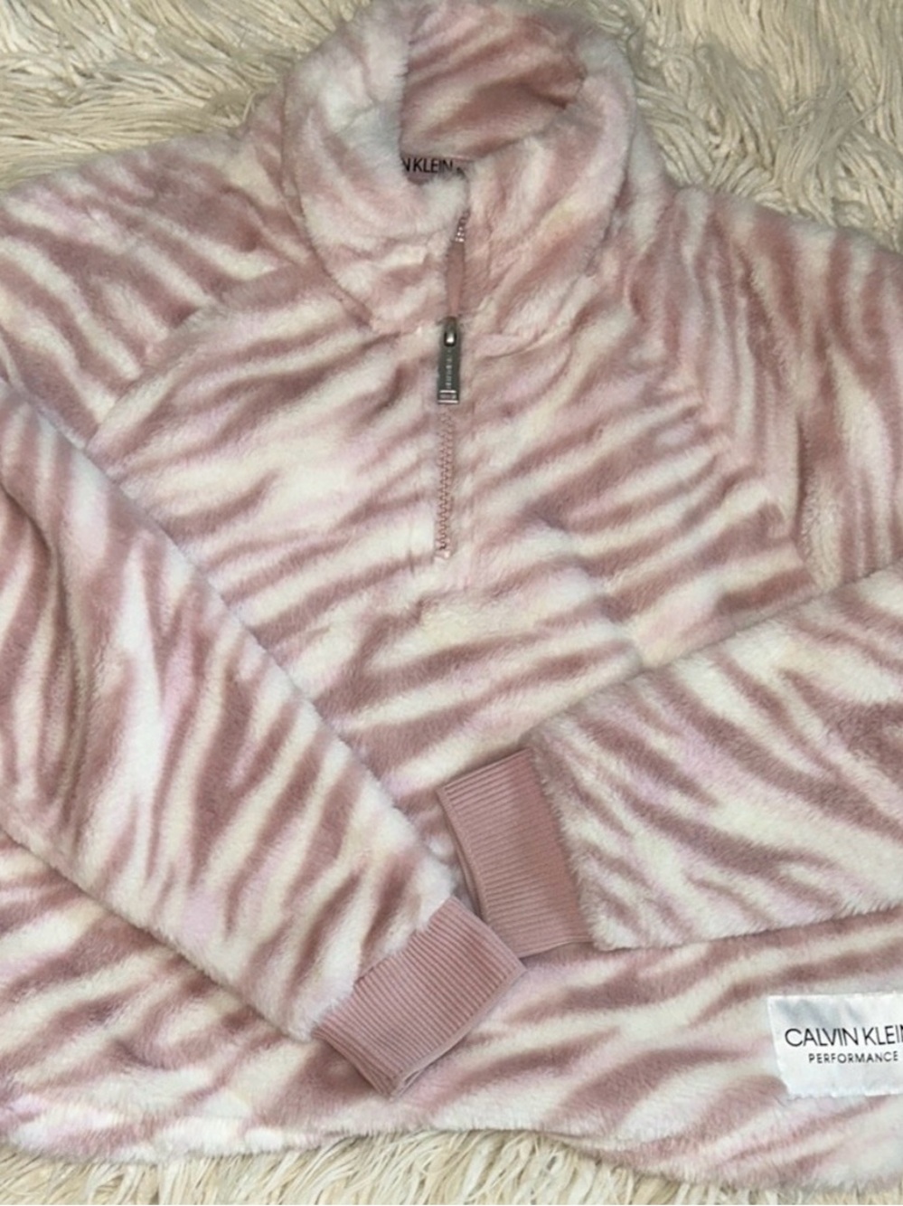 Calvin Klein small Pink & White Plush Zebra Quarter-Zip Pullover
